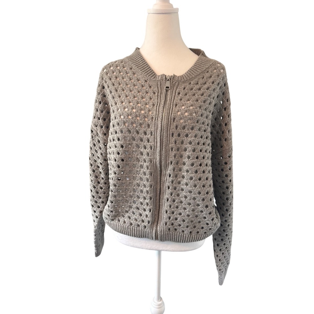 Elan Womens Open Knit Zip Up Cardigan Sweater Gray Taupe Boho Crochet Large